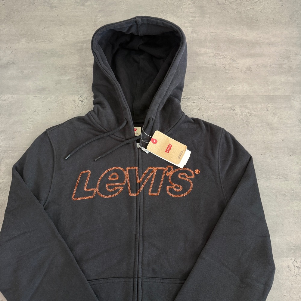Levis Full Zip Hoodie Mens Small Black Orange Embroidered Logo Fleece Sweatshirt